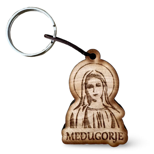 Wooden Our Lady Queen of Peace Keychain with Etched Image