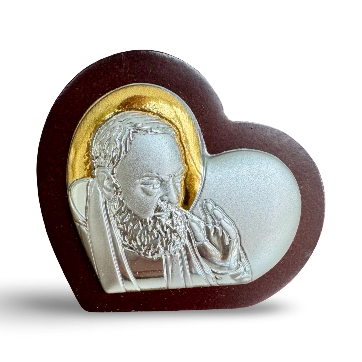 Heart-Shaped Silver Image of St. Padre Pio Blessing