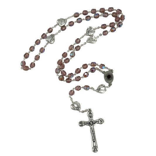 Large Beaded Purple Crystal Rosary with Soil from Fatima and Heart Beads