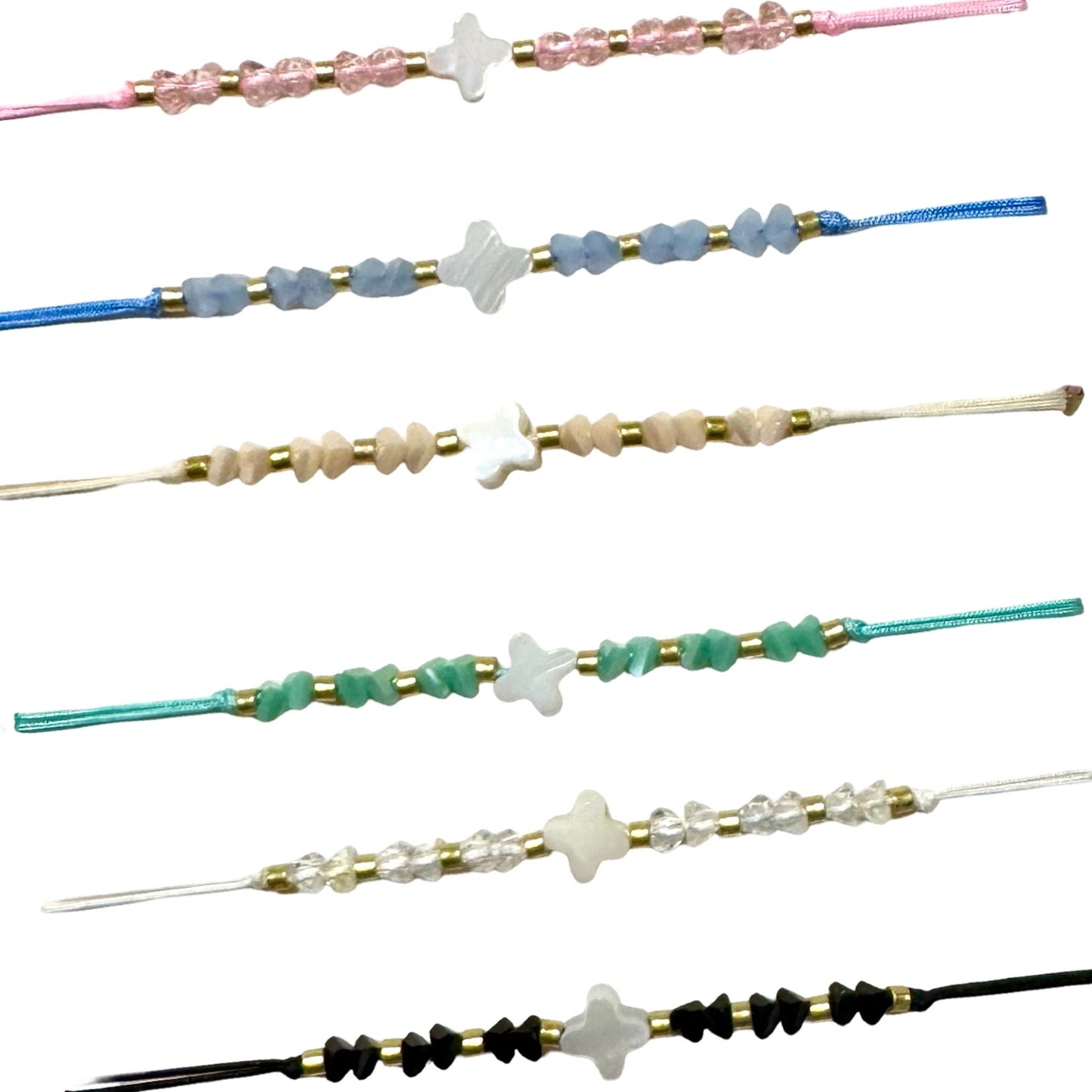 String Bracelet of Assorted Colors with Mother of Pearl Cross