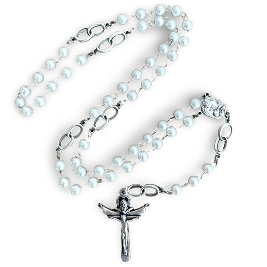Pearl Wedding Rosary with Holy Family Medal