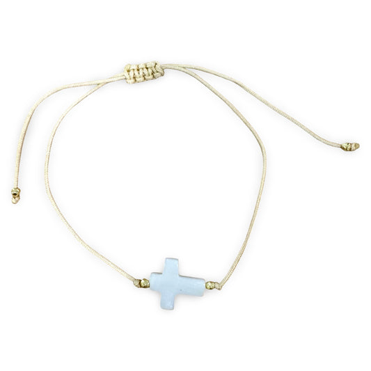 Tan String Bracelet with Mother of Pearl Cross