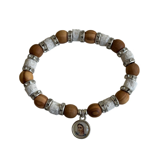 Queen of Peace Stone, Wood, and Rhinestone Stretch Bracelet