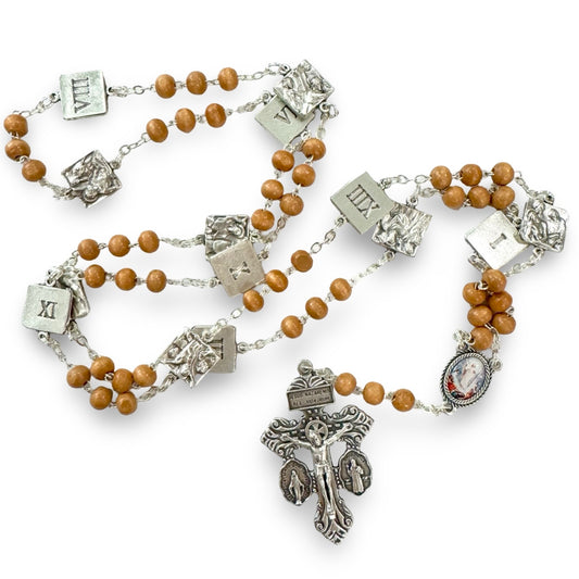 Wood Beaded Stations of the Cross Chaplet with Silver Stations and Pardon Crucifix