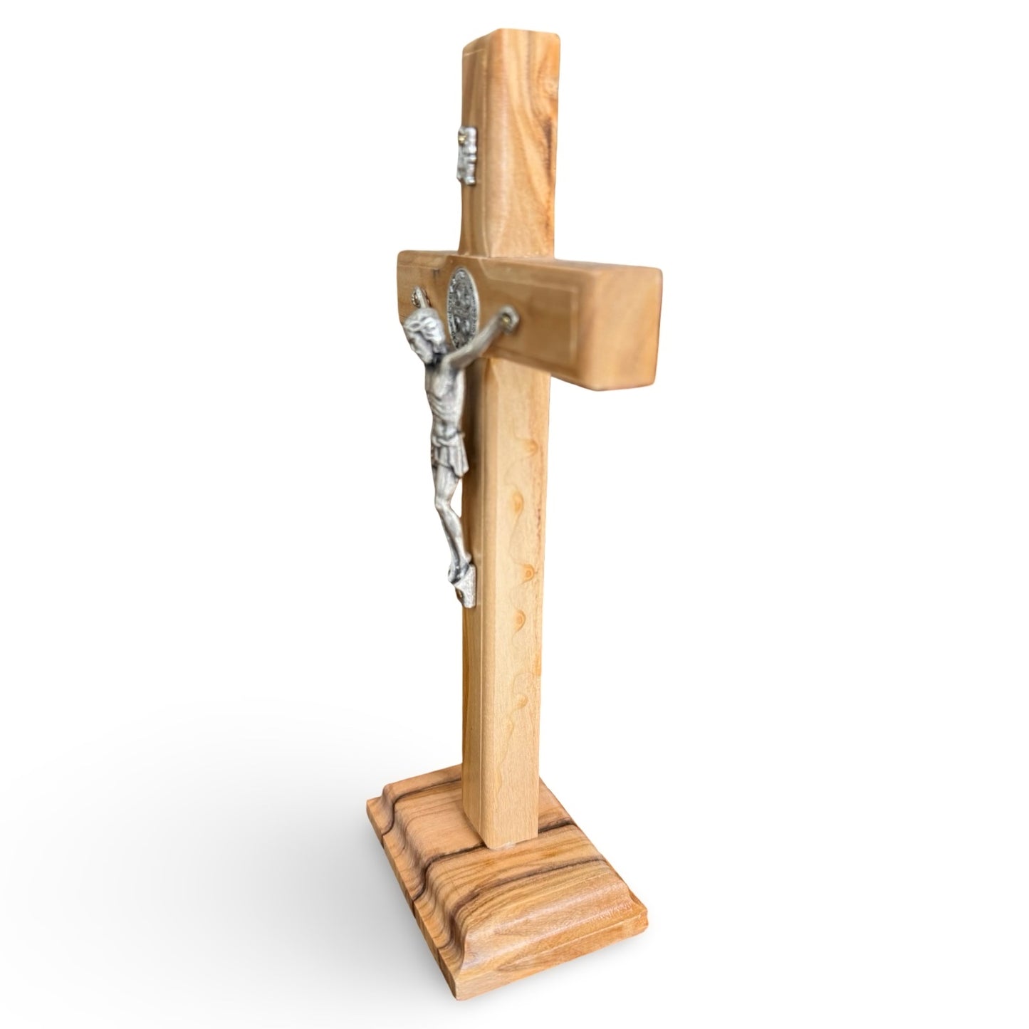 Olive Wood Standing Crucifix with St. Benedict Medal