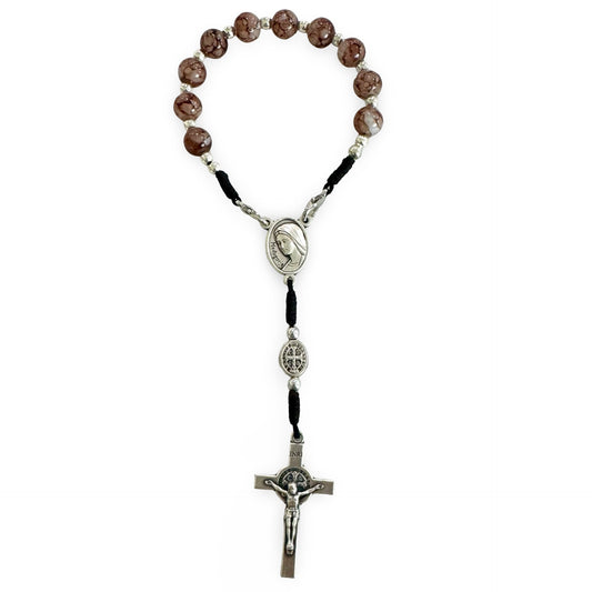 Marble Queen of Peace Cord Decade Rosary with Clasp and St. Benedict Crucifix
