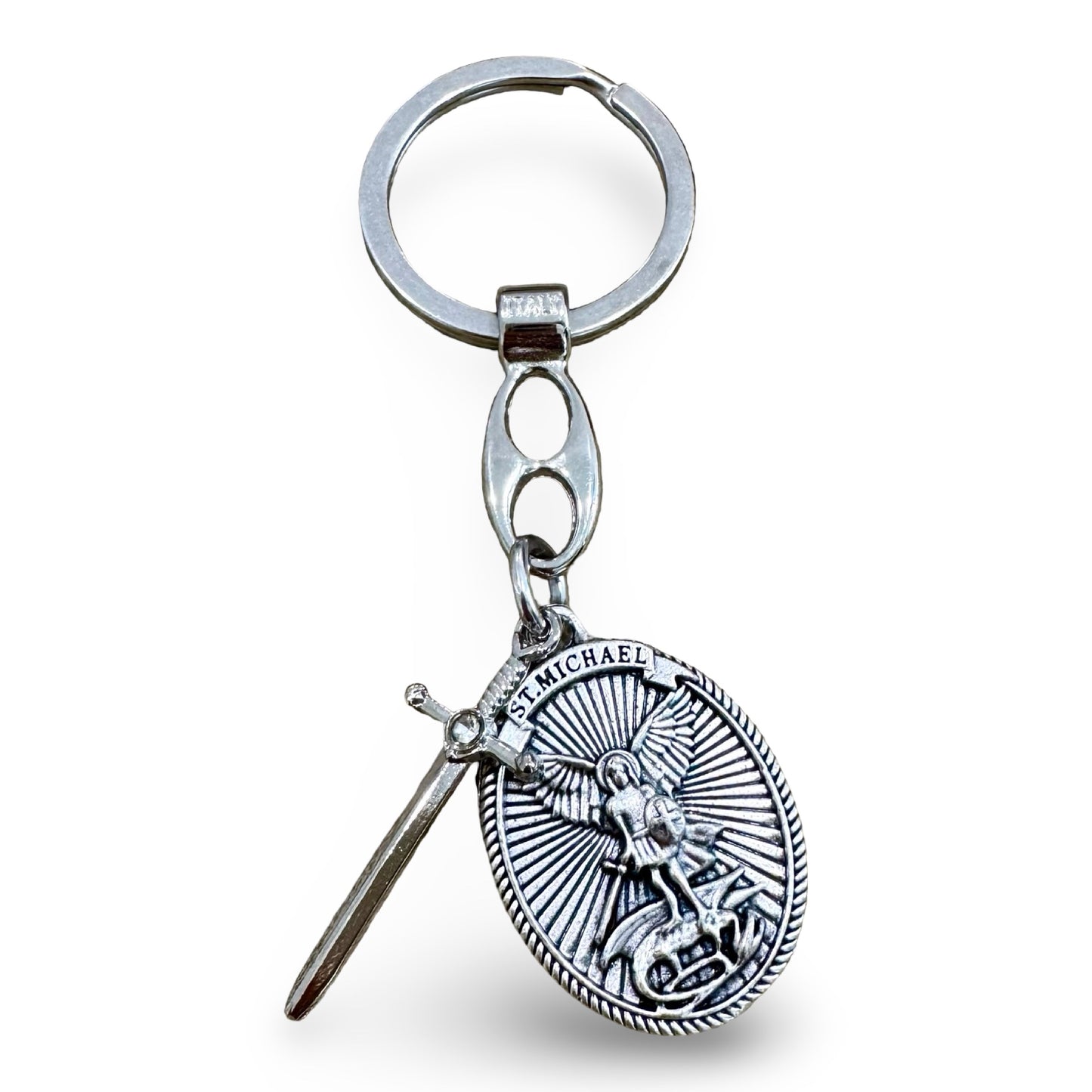 St. Michael Medal Keychain with Sword