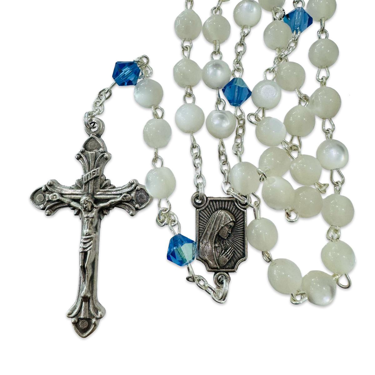 Iridescent White and Blue Fatima Rosary