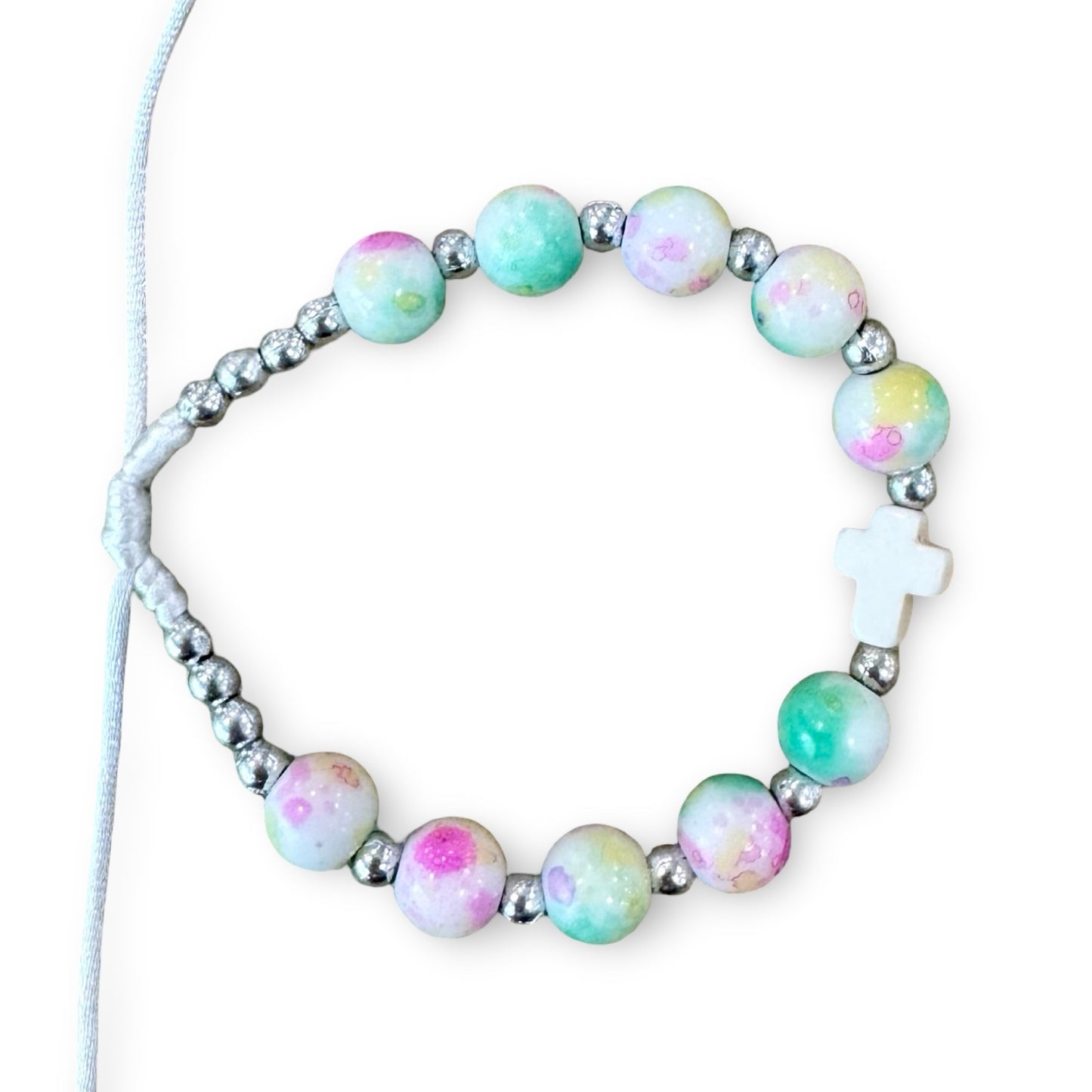 Marble Bead Queen of Peace Cord Bracelet With Colored Medal