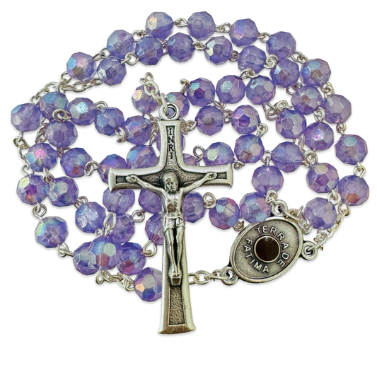 Purple Iridescent Crystal Fatima Rosary with Soil