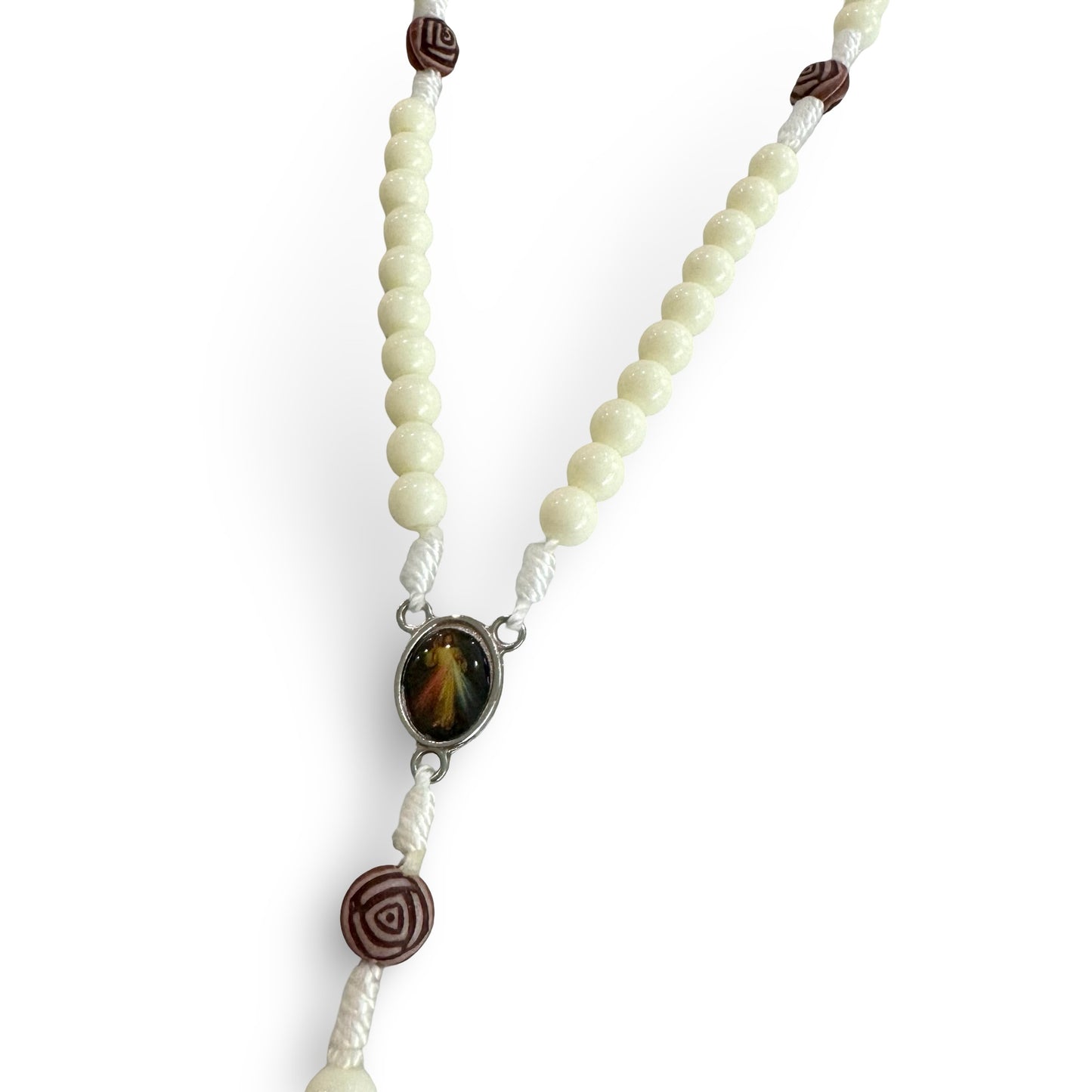Small White Beaded Queen of Peace Rosary with Rose Accents