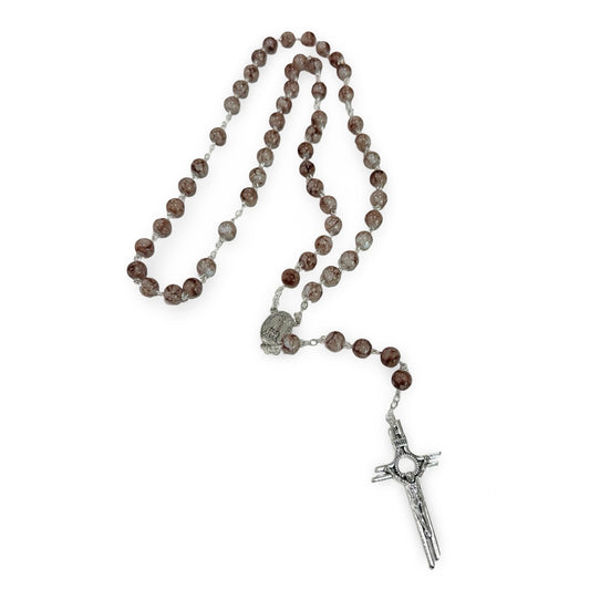 Fatima Rosary of Marbled Brown Beads and Centerpiece with Soil from Fatima