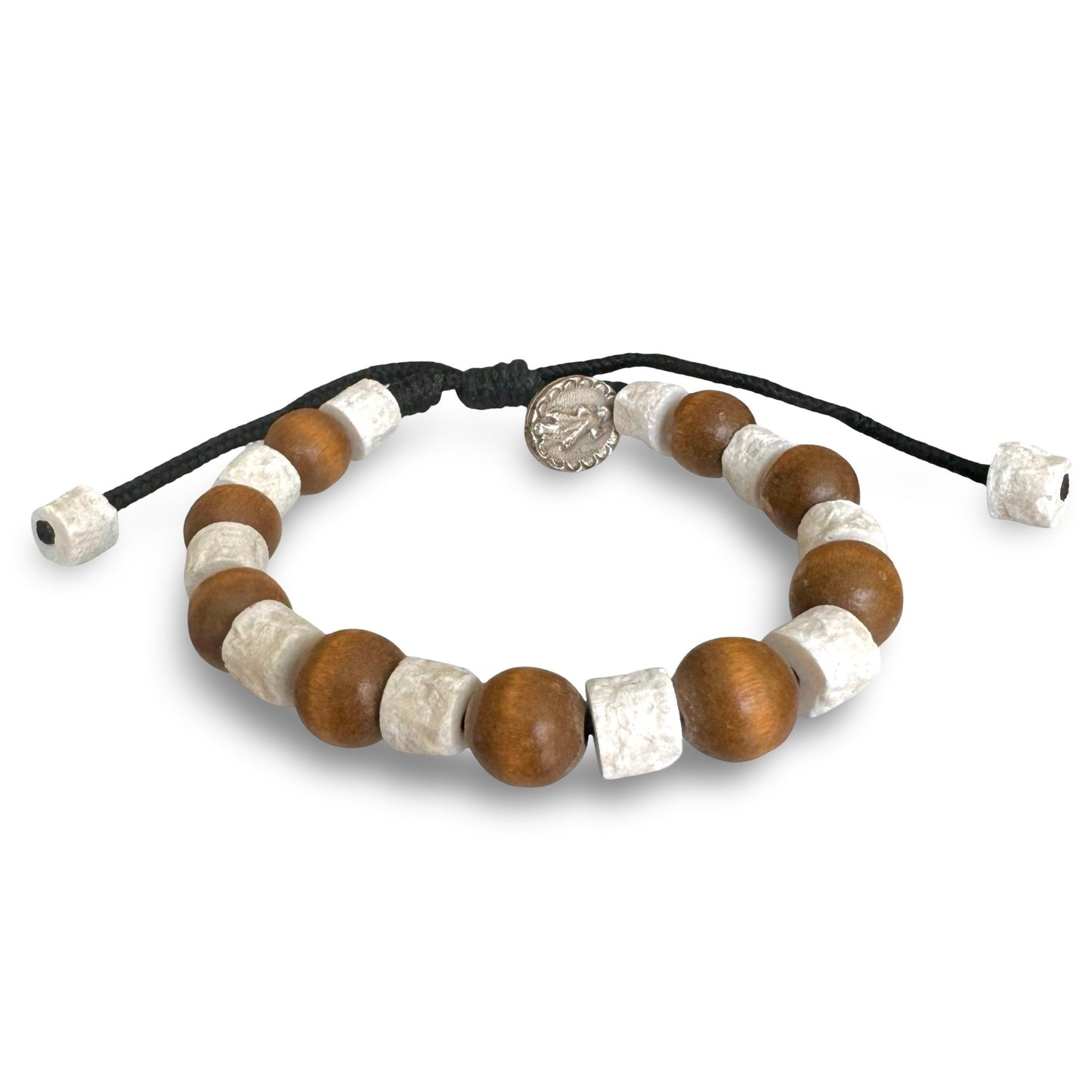 Queen of Peace Stone and Round Wood Bead Adjustable Bracelet