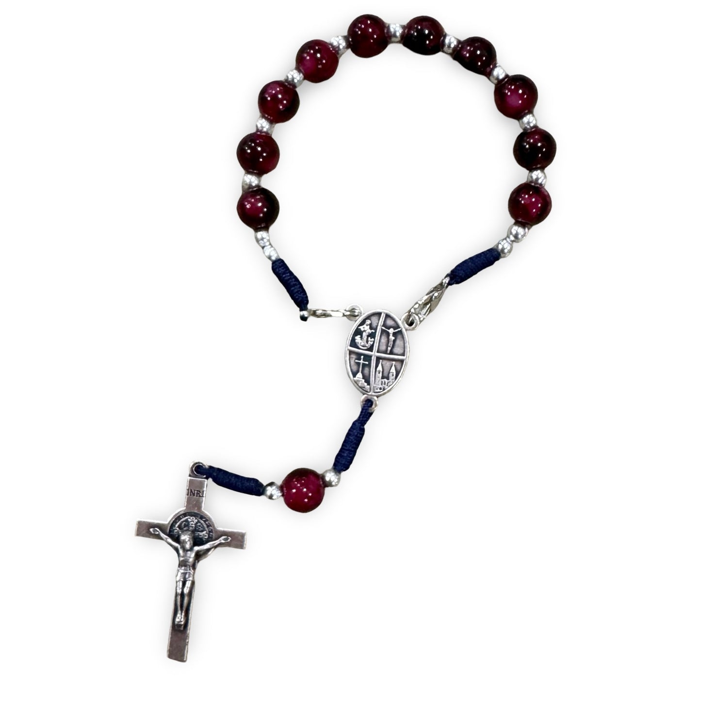 Marble Queen of Peace Cord Decade Rosary with Clasp and St. Benedict Crucifix
