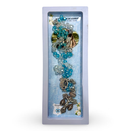 Crystal and Blue Rosary with Lourdes Water Centerpiece with Pardon Crucifix in Case