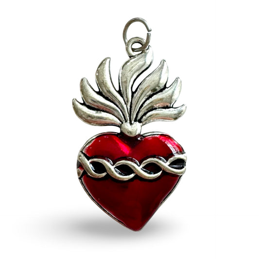 Ruby and Silver Sacred Heart of Jesus Pendant with Holy Card