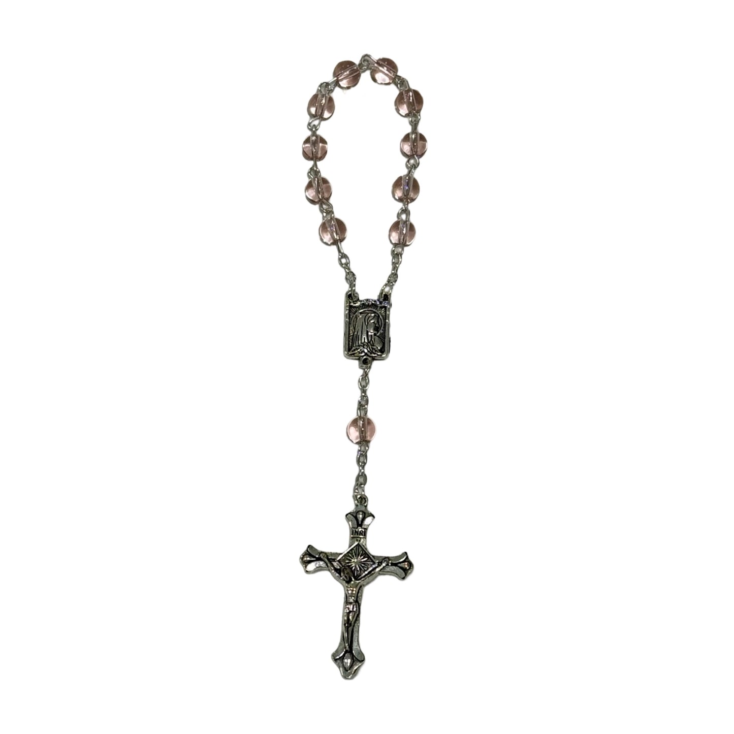 Round Crystal Lourdes Decade Rosary with Holy Card