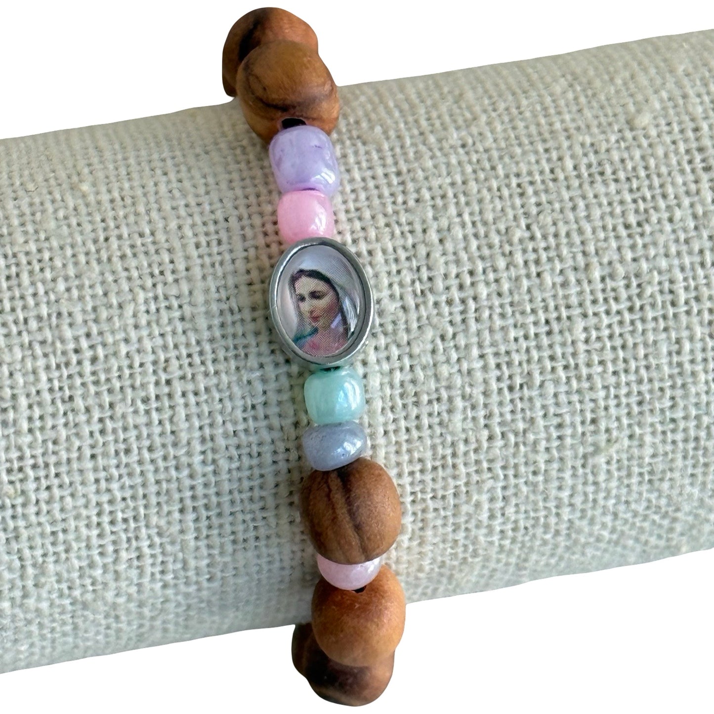 Queen of Peace Stretch Bracelet With Colored and Olive Wood Beads