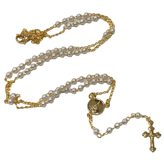 Gold and Pearl Rosary Necklace with Crystal Accent