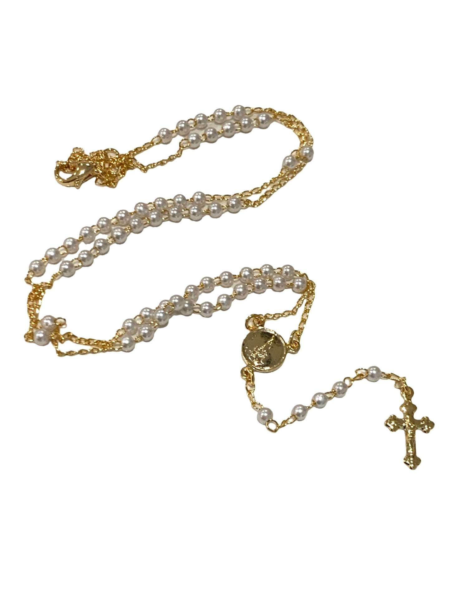 Gold and Pearl Rosary Necklace with Crystal Accent in Framed Display Case