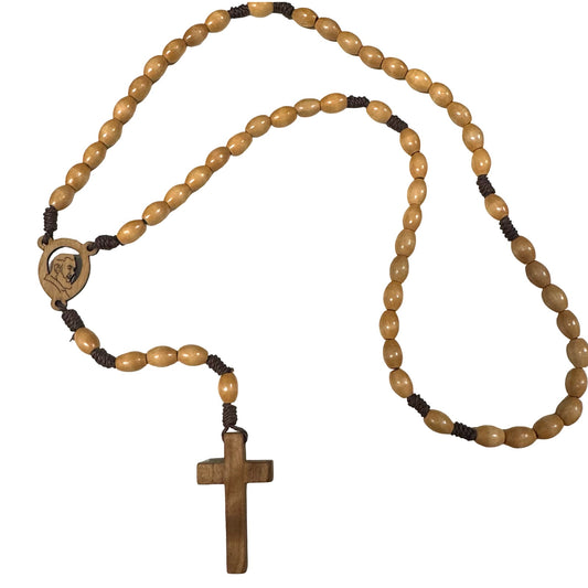 Wooden Padre Pio Rosary With Oval Beads and Portrait Center with Relic Holy Card