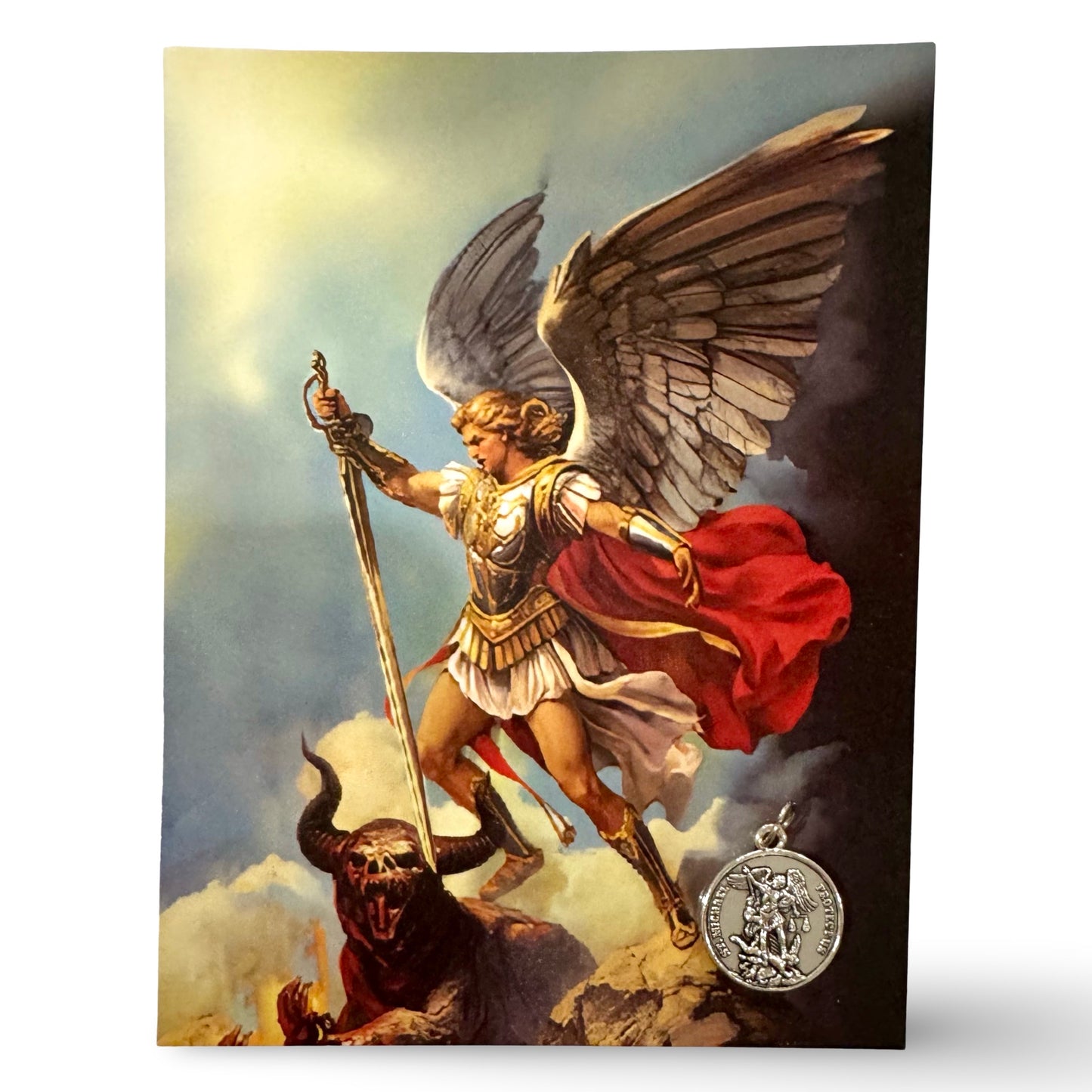 St. Michael Medal with Holy Card in Mesh Drawstring Bag