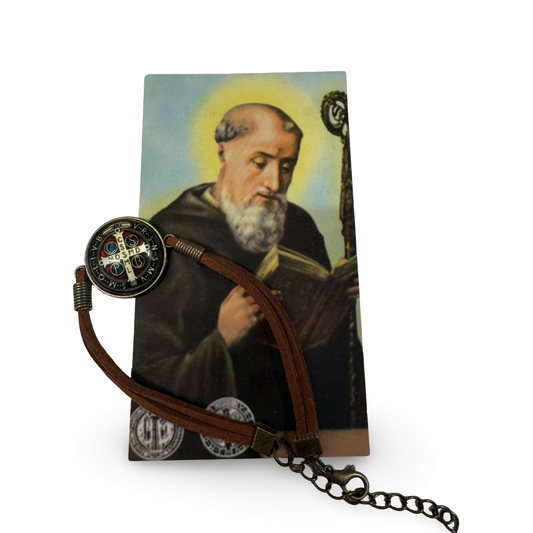 St. Benedict Leather Band Bracelet with Holy Card