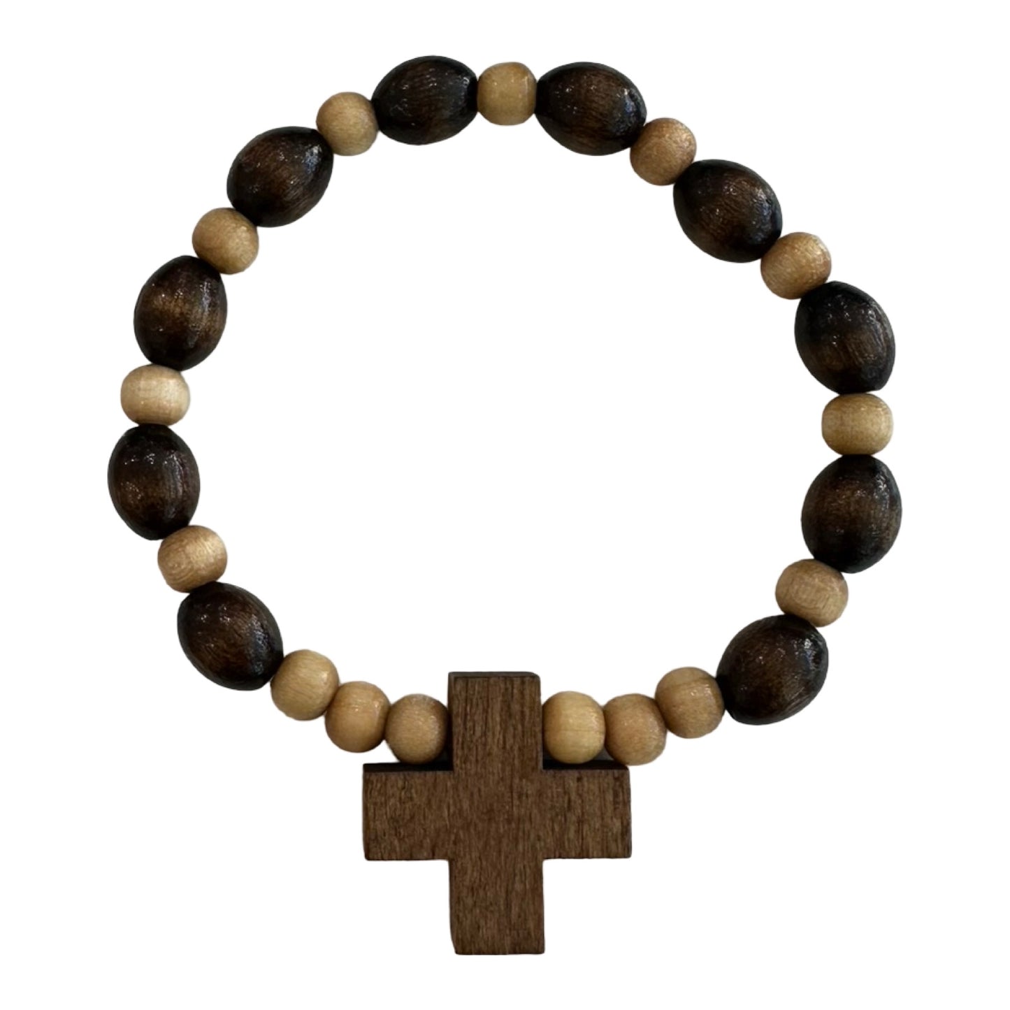 Stretchy Wooden Beaded Bracelet with Cross