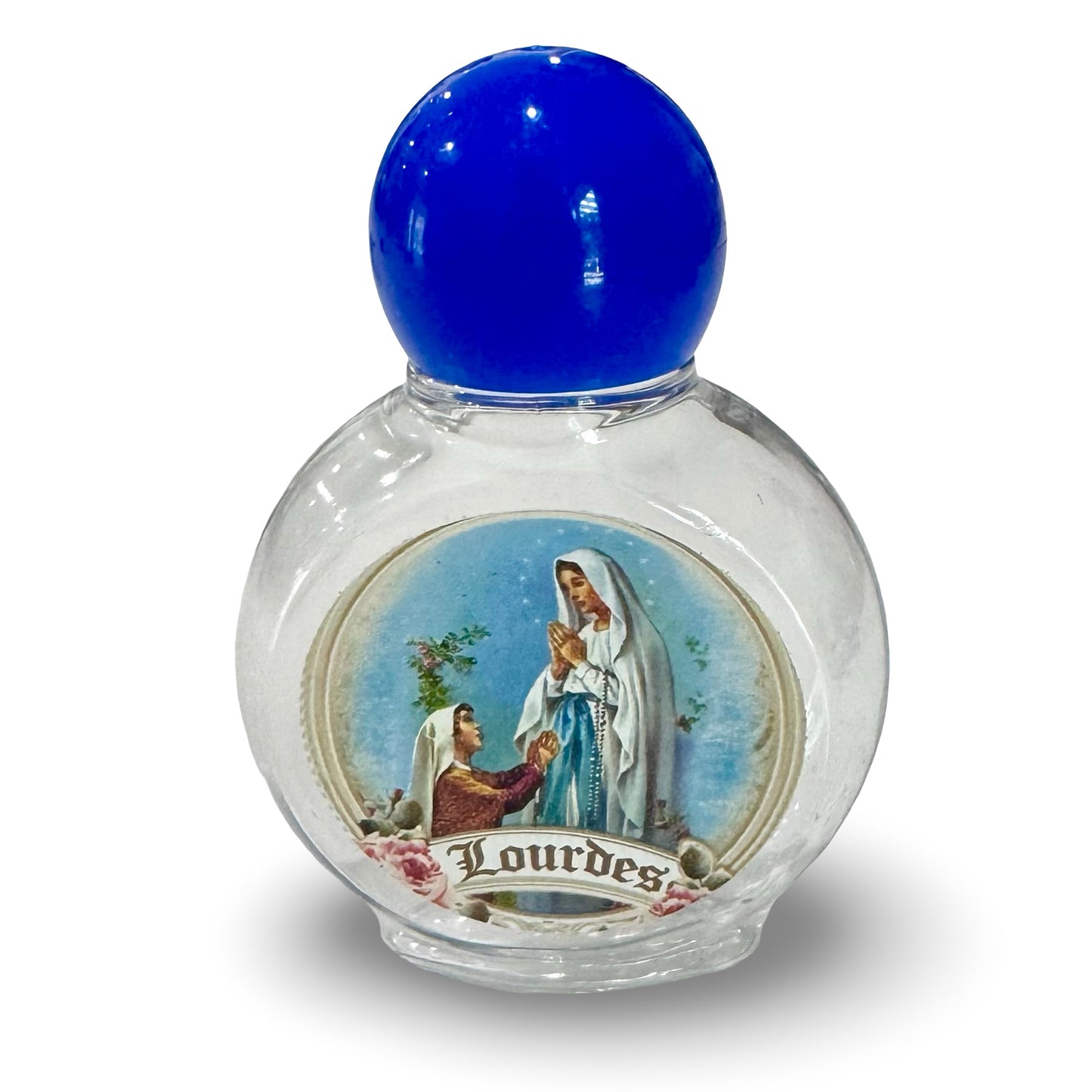 Round Plastic Lourdes Holy Water Bottle with Blue Cap