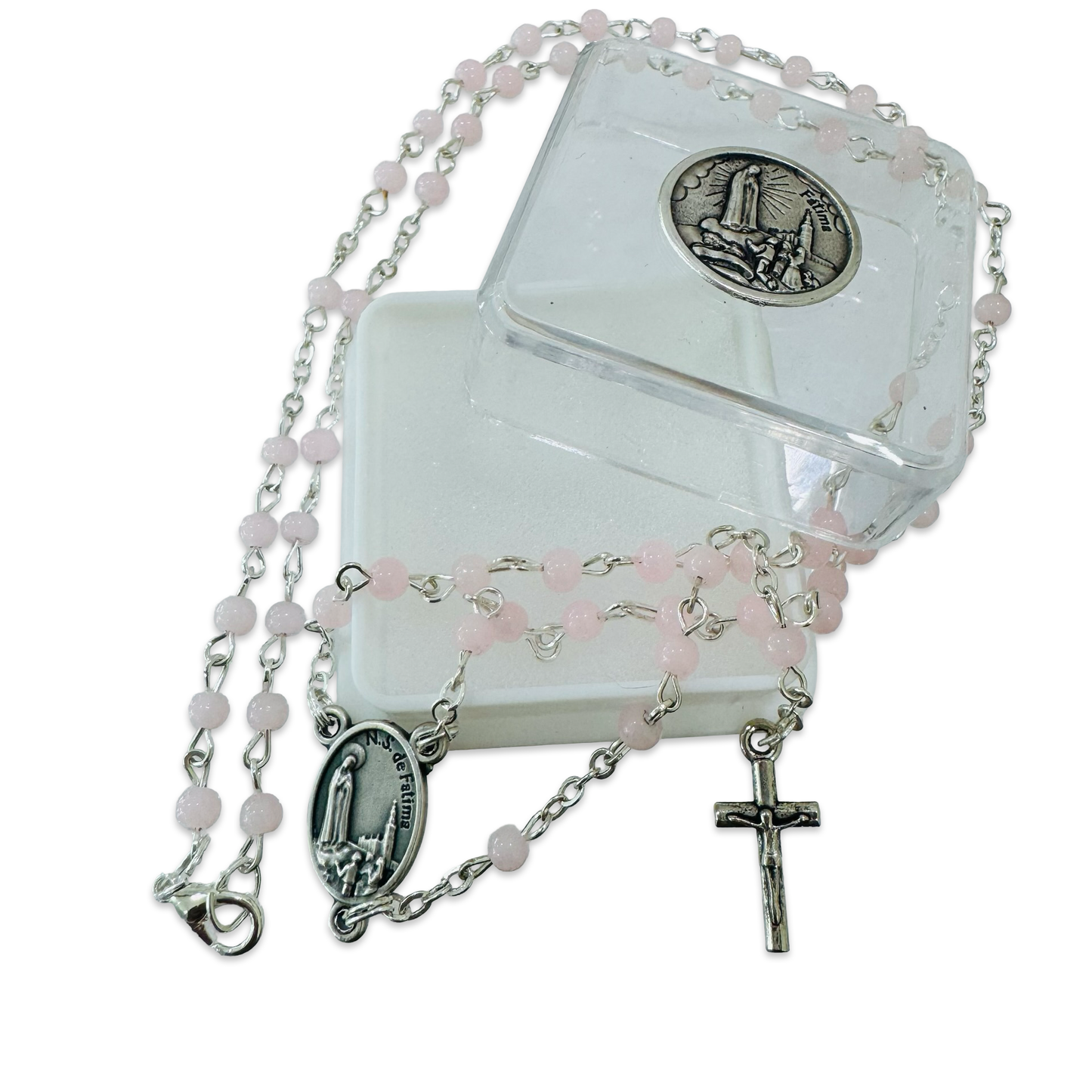 Tiny Pink Fatima Rosary Necklace with Soil