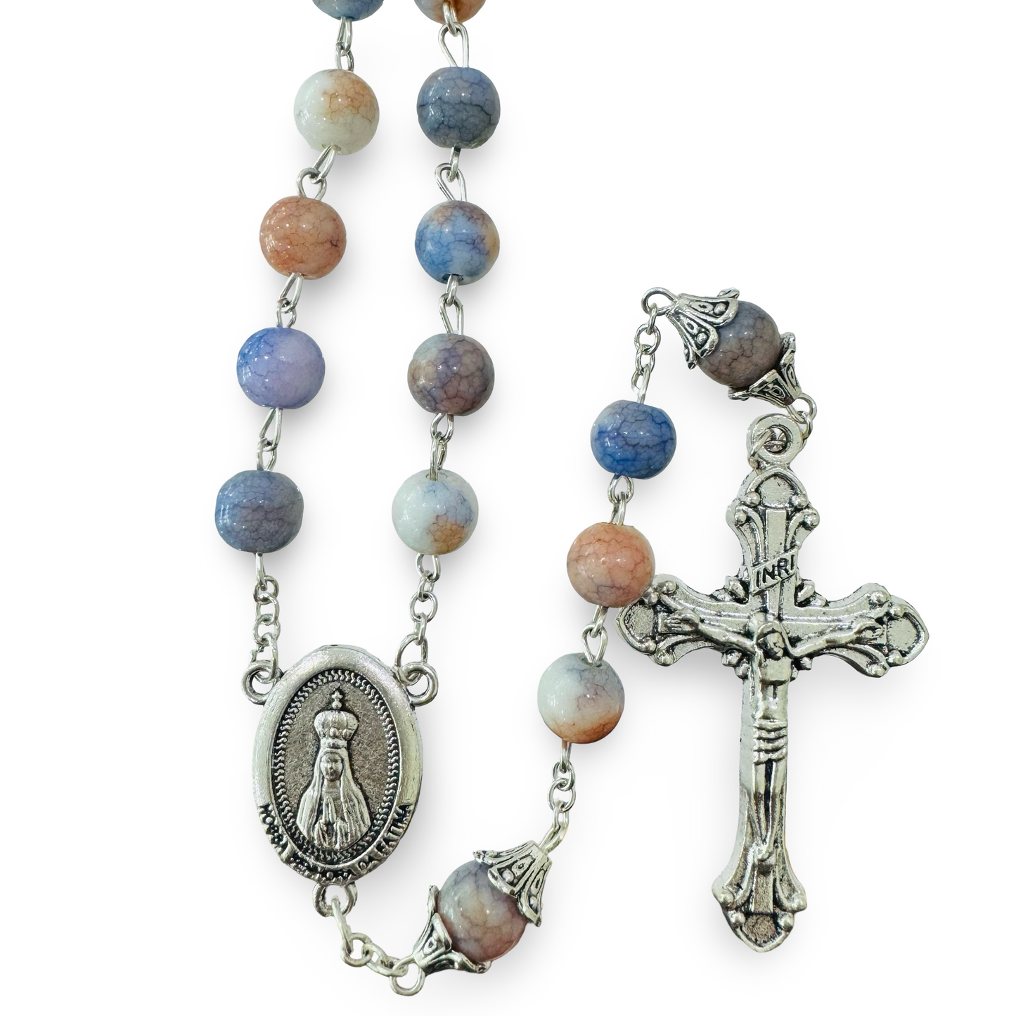 Large Marble Fatima Rosary with Silver Embellished Accents