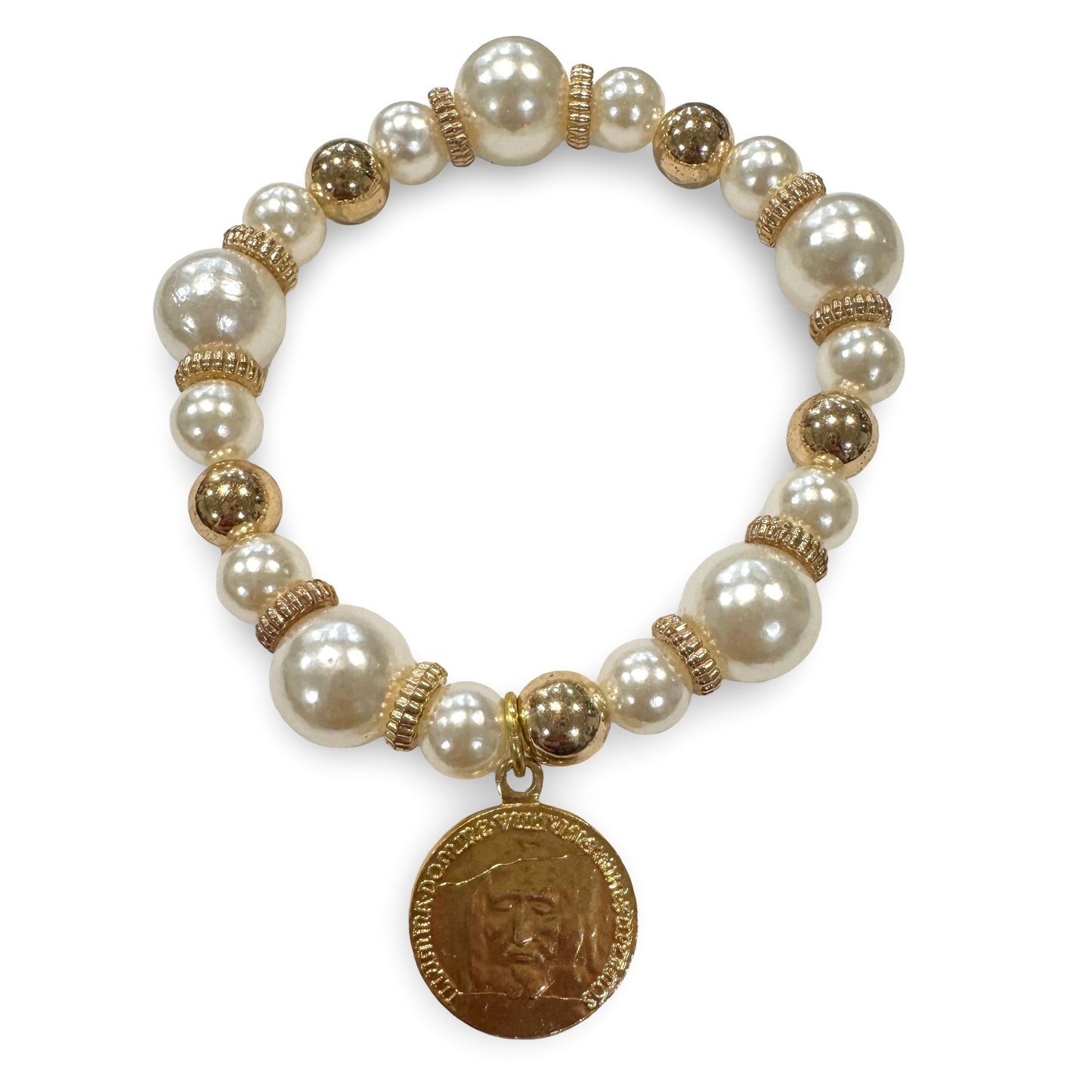 Pearl and Gold Beaded Bracelet with the Face of Jesus