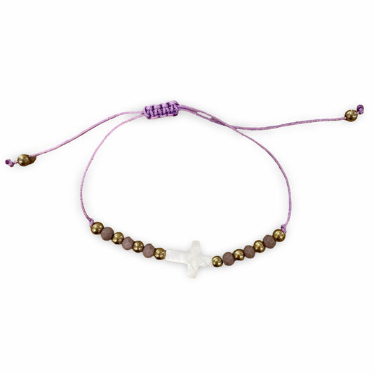 Purple String Bracelet with Mother of Pearl Cross