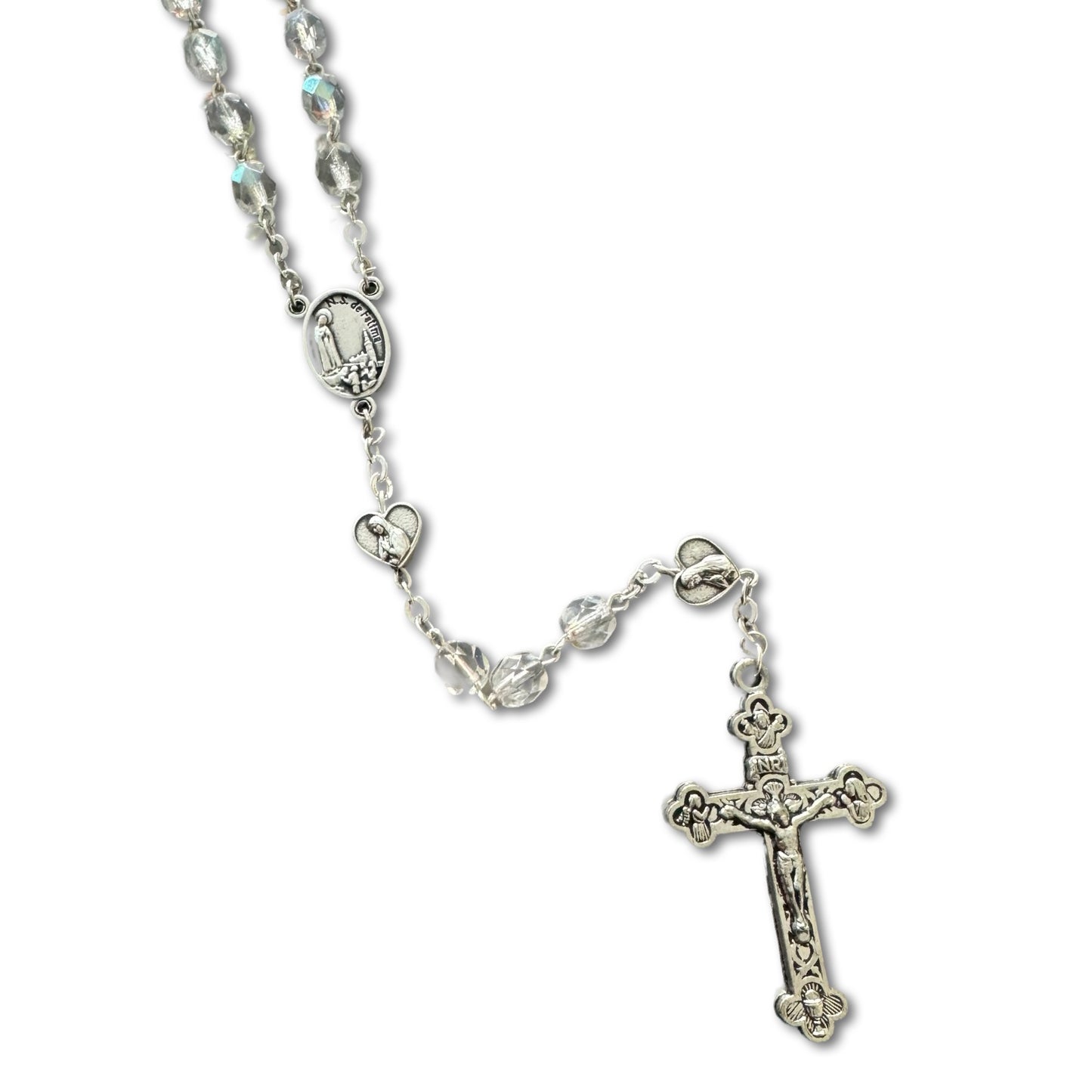 Crystal Rosary with Soil from Fatima and Heart Beads