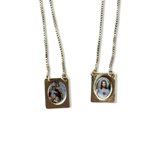 Gold Rectangular Scapular Necklace with Circle Colored Image - Front and Back