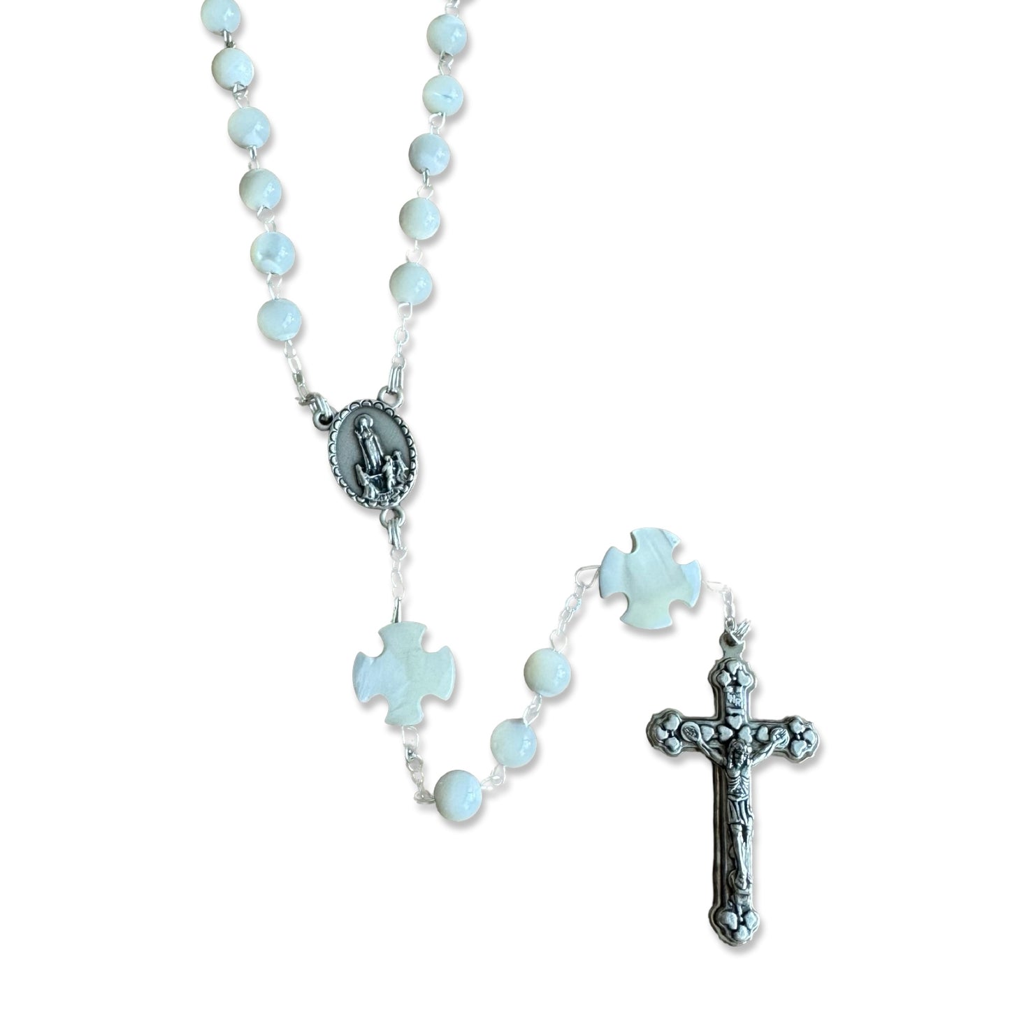 Cross Shaped Mother of Pearl Fatima Rosary with Heart Embellished Crucifix