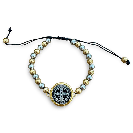 Adjustable Copper and Silver Beaded St. Benedict Bracelet