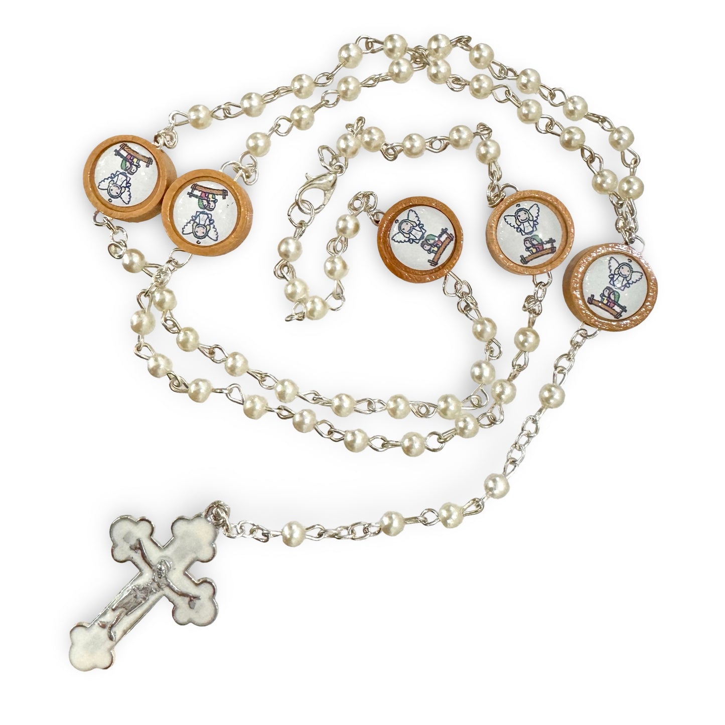 Pearl and Wood Guardian Angel Rosary in Case