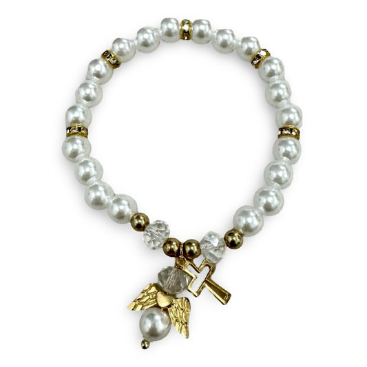 Pearl Bracelet with Angel and Cross Charms