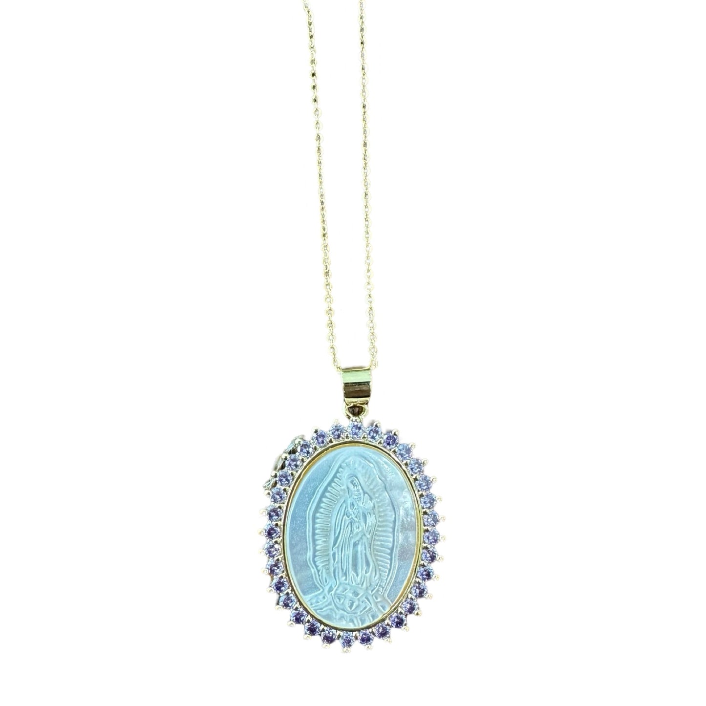 Our Lady of Guadalupe Necklace - Oval Mother of Pearl with Purple Border