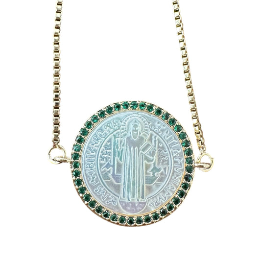St. Benedict Mother of Pearl Bracelet - Green Border