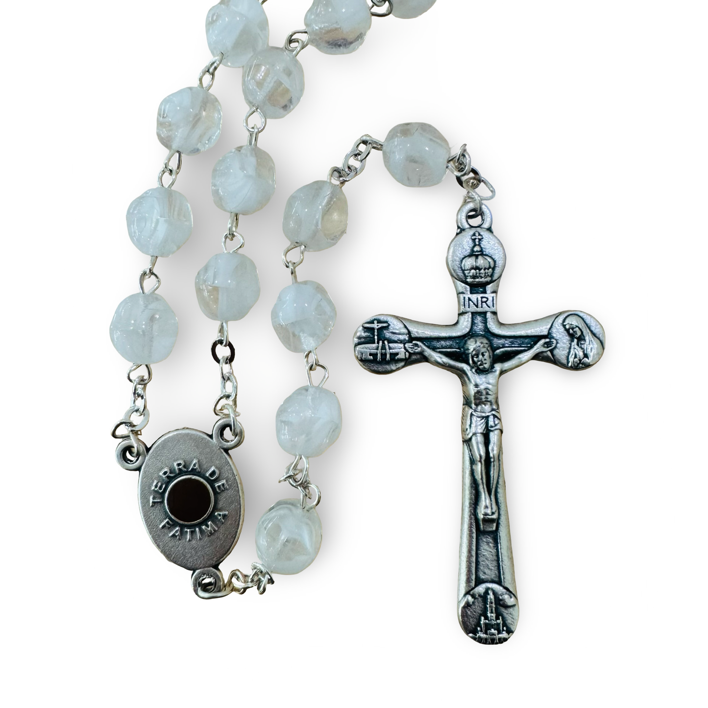 Large Marbled Crystal Bead Rosary with Soil from Fatima