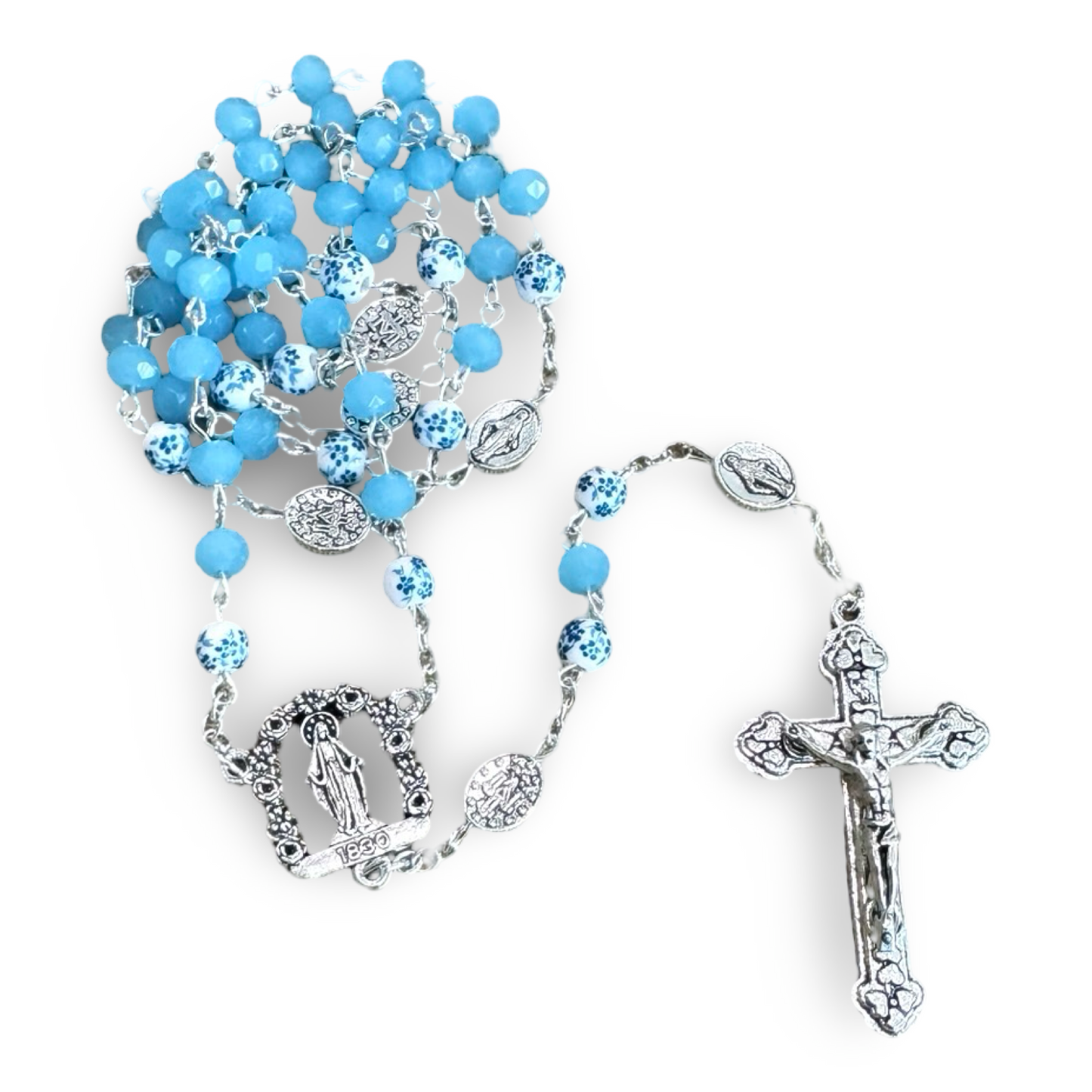 Embellished Miraculous Medal with Flower Beads and Heart Crucifix