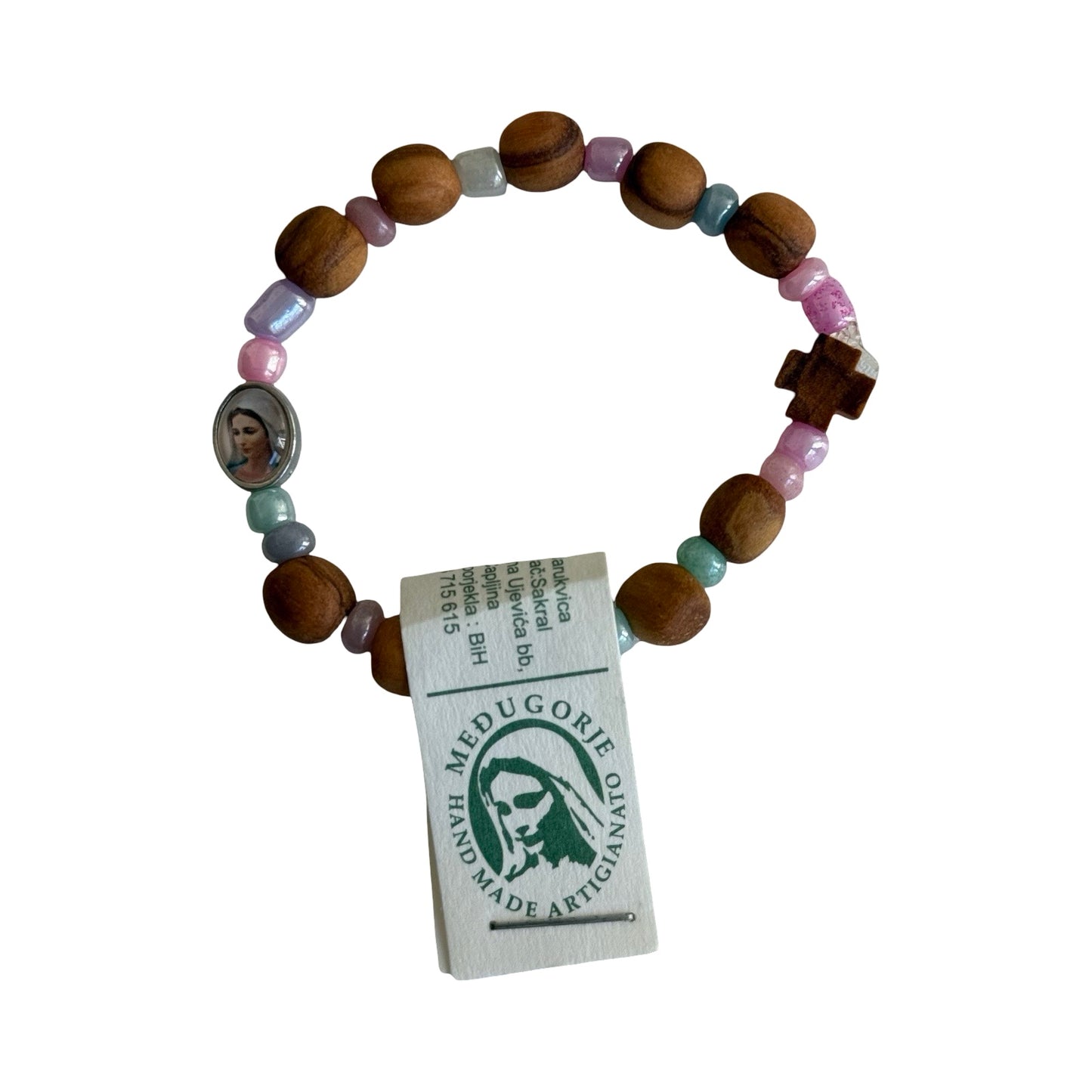 Queen of Peace Stretch Bracelet With Colored and Olive Wood Beads