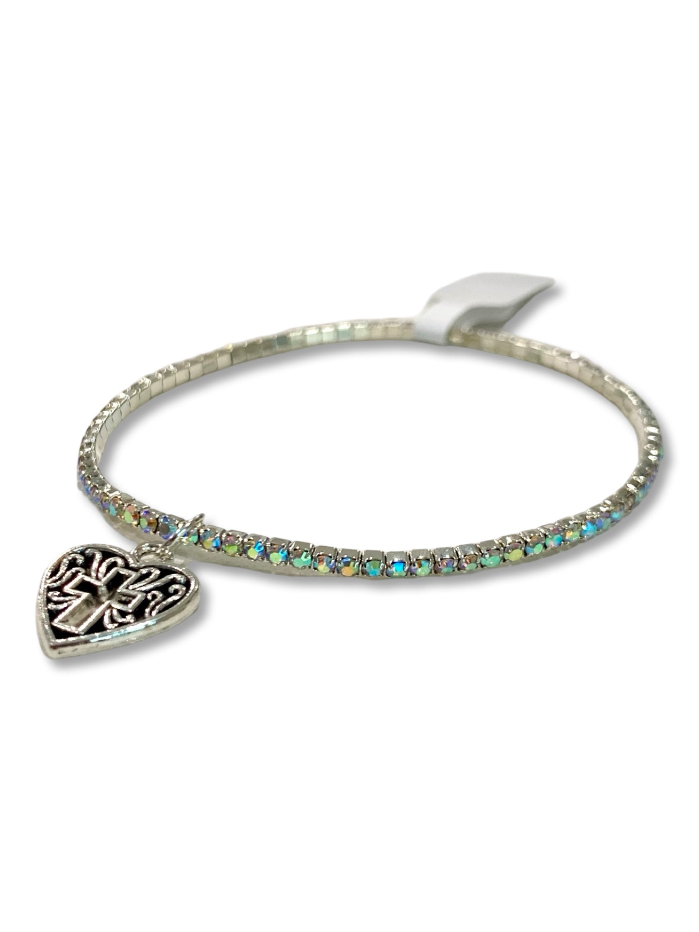 Silver Rhinestone Bracelet of Assorted Colors with Heart and Cross Pendant