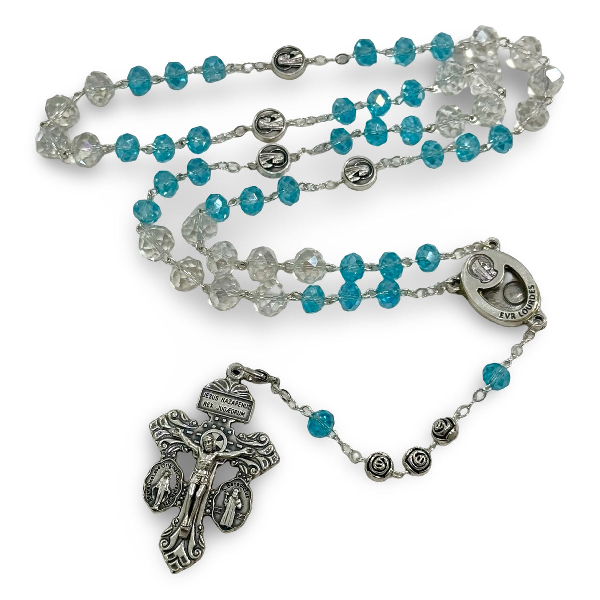 Crystal and Blue Rosary with Lourdes Water Centerpiece with Pardon Crucifix in Case