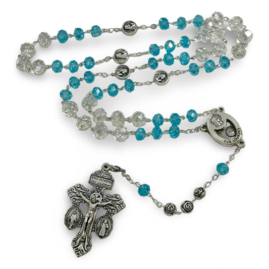 Crystal and Blue Rosary with Lourdes Water Centerpiece with Pardon Crucifix in Case