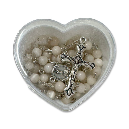 Light Pink Fatima Rosary in Heart Shaped Case