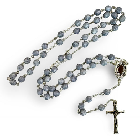 Blue Gray Marble Queen of Peace Rosary with Soil