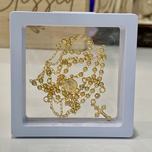 Gold Rosary Necklace with Crystal Accent in Framed Display Case